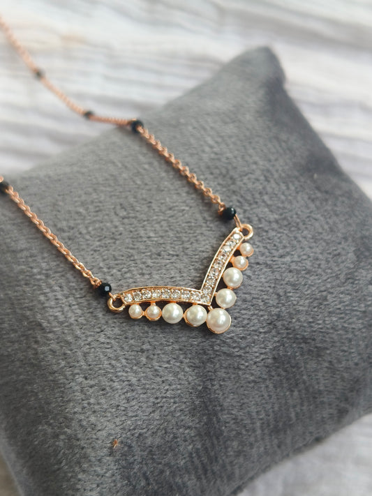 Rose Gold Pearl & American Diamond V-Shape Mangalsutra