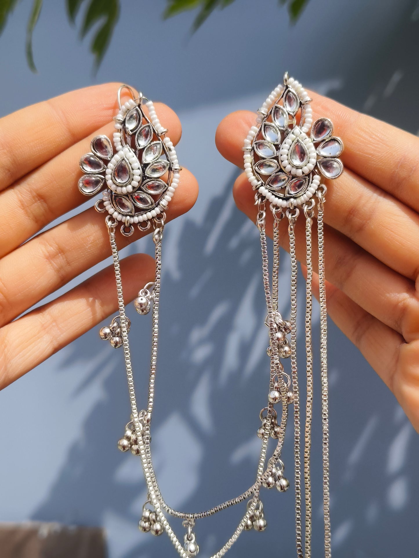 Silver Kashmiri Dual Chain Ghunghroo Earrings