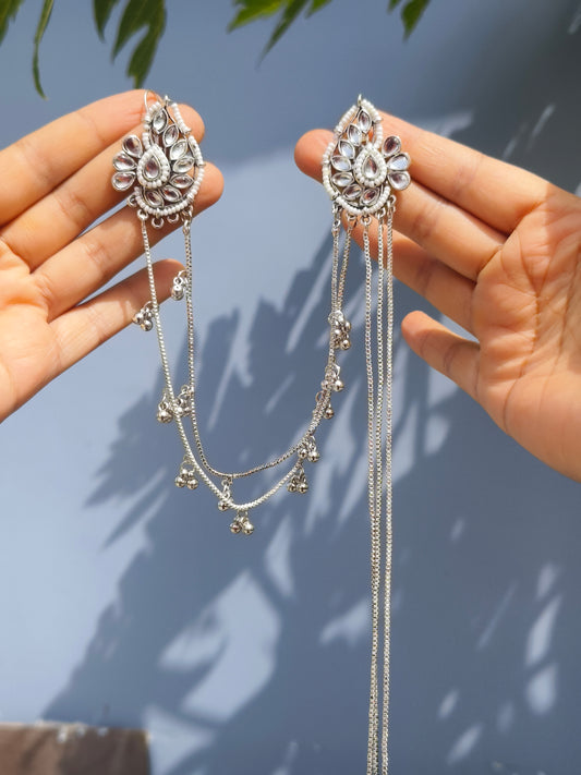 Silver Kashmiri Dual Chain Ghunghroo Earrings