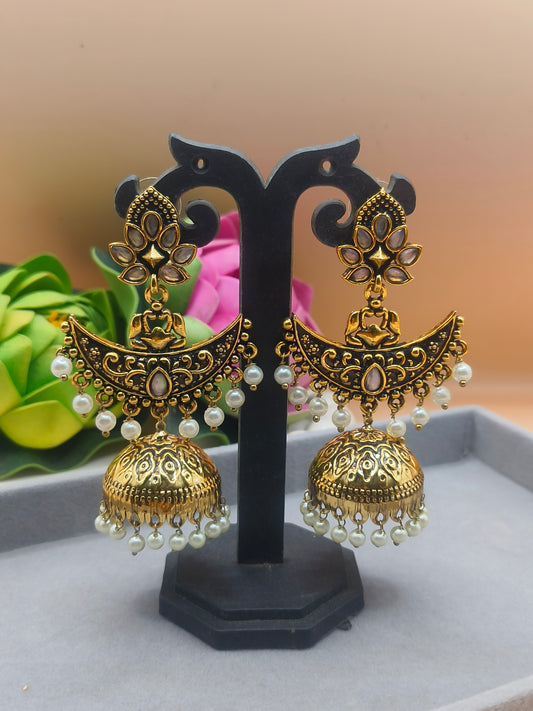 Royal Gold-Plated Chand Jhumka Earrings with Pearls