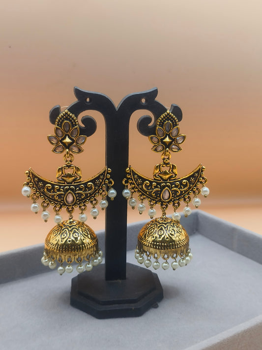 Royal Gold-Plated Chand Jhumka Earrings with Pearls