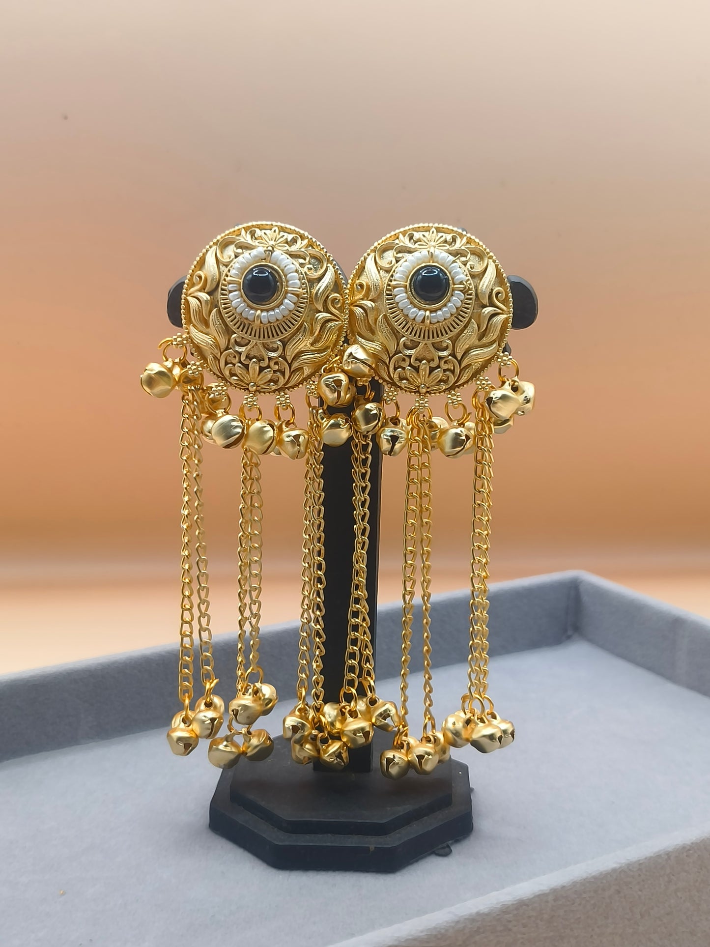 Traditional Kashmiri Gold-Plated Earrings with Chain and Ghungroo Detailing