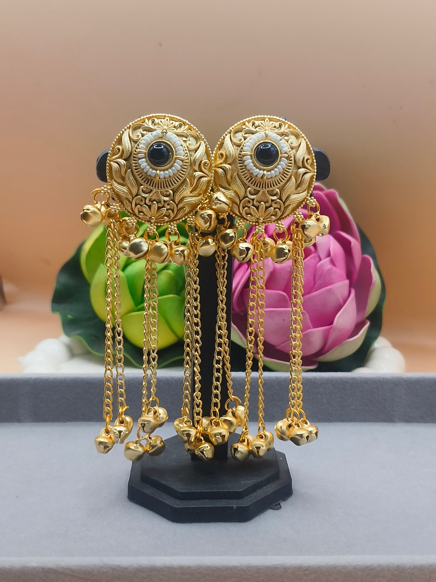 Traditional Kashmiri Gold-Plated Earrings with Chain and Ghungroo Detailing