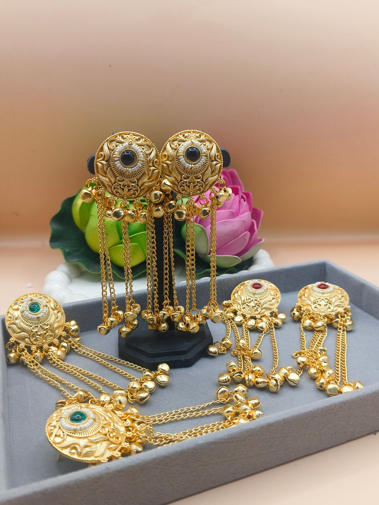 Traditional Kashmiri Gold-Plated Earrings with Chain and Ghungroo Detailing