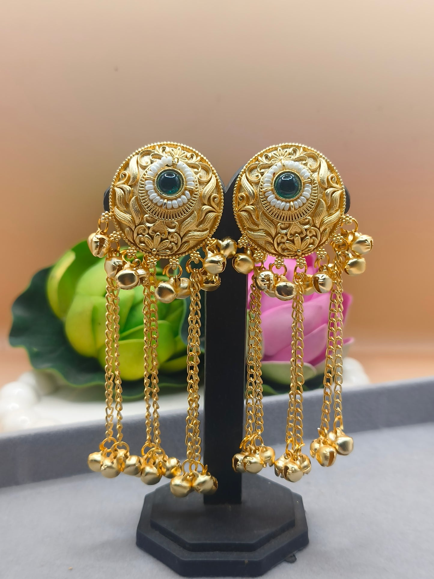 Traditional Kashmiri Gold-Plated Earrings with Chain and Ghungroo Detailing