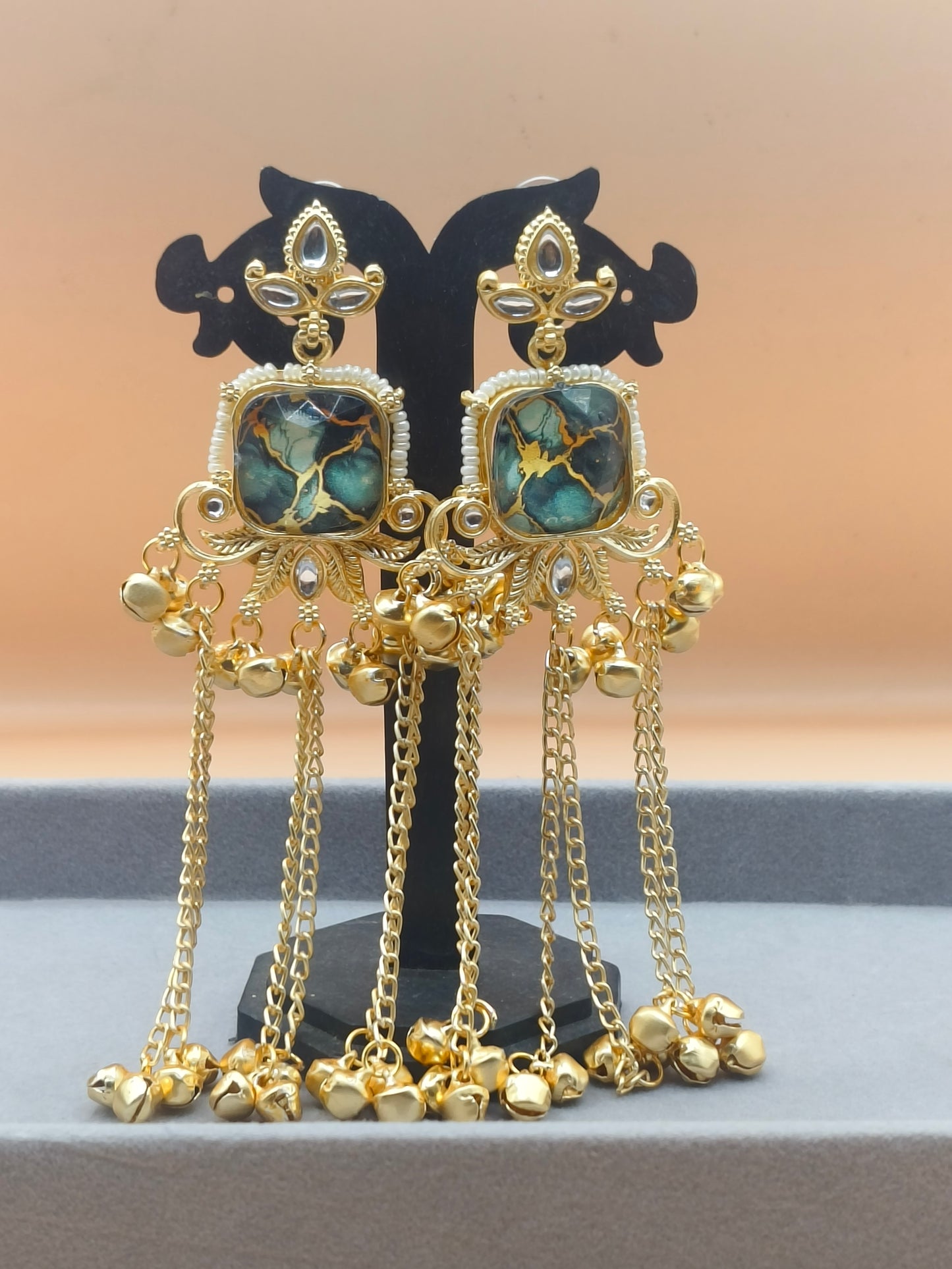 Elegant Kashmiri Gold-Plated Earrings with Chains & Ghungroo