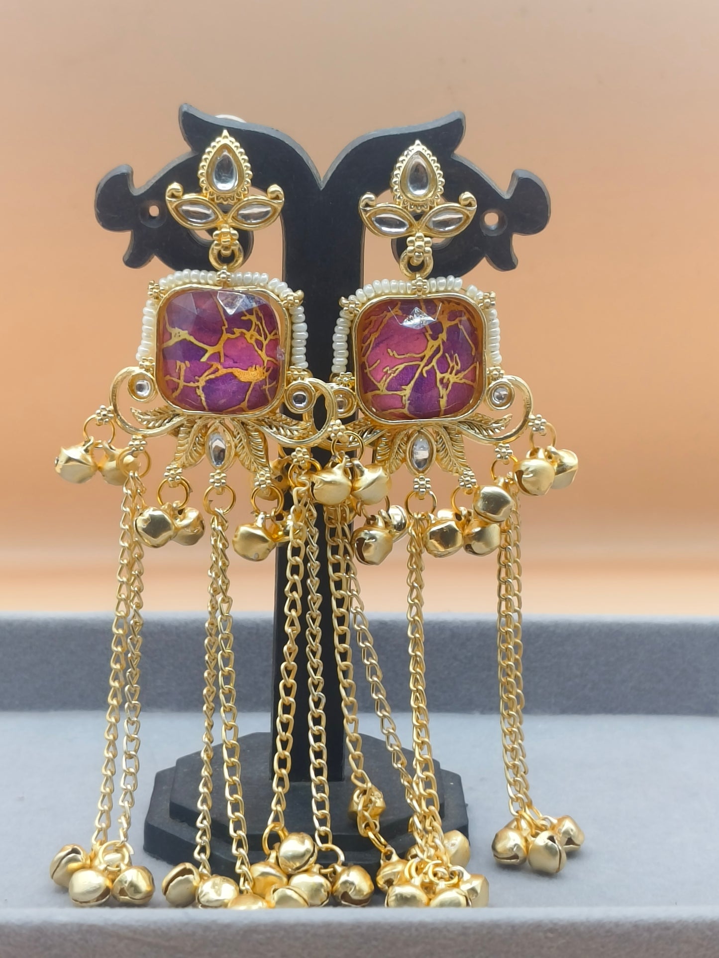 Elegant Kashmiri Gold-Plated Earrings with Chains & Ghungroo