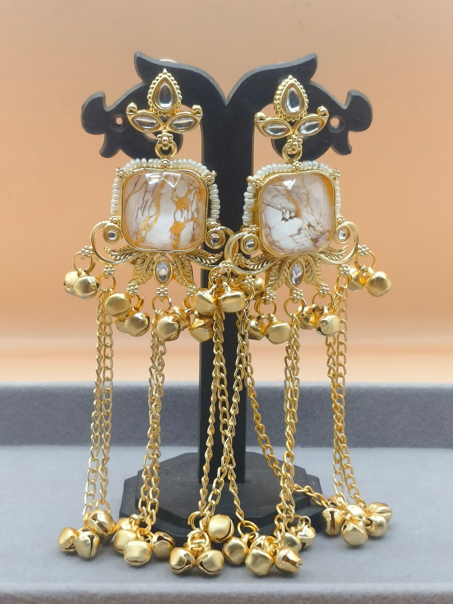 Elegant Kashmiri Gold-Plated Earrings with Chains & Ghungroo