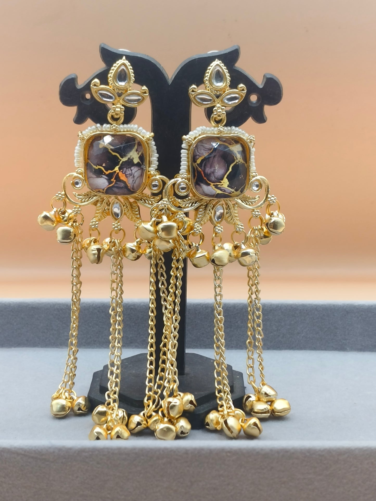Elegant Kashmiri Gold-Plated Earrings with Chains & Ghungroo