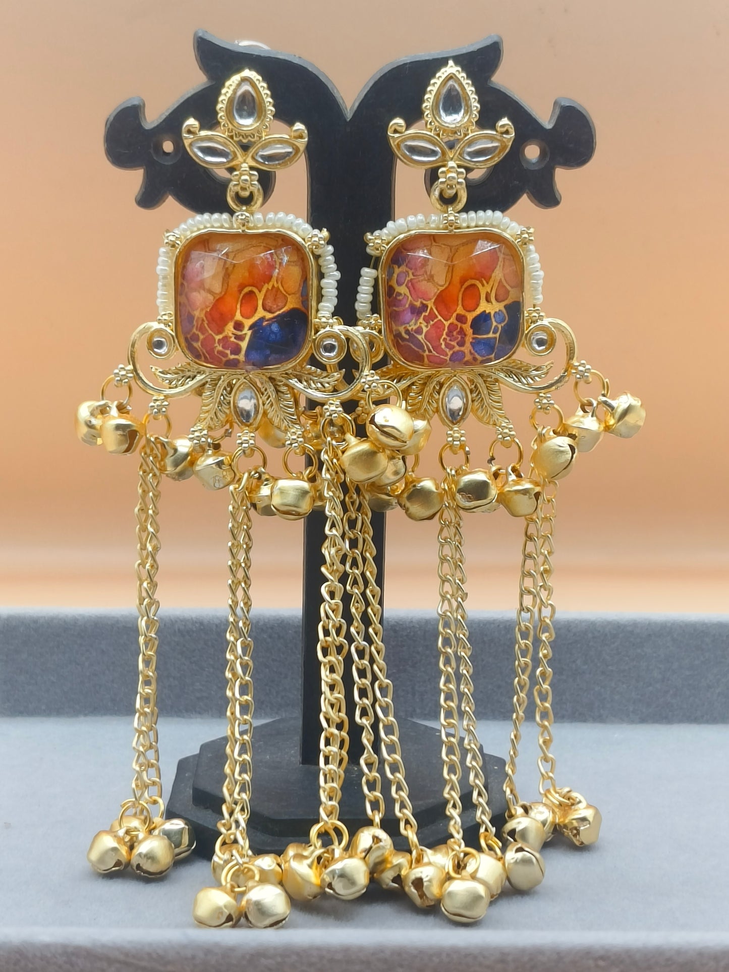Elegant Kashmiri Gold-Plated Earrings with Chains & Ghungroo