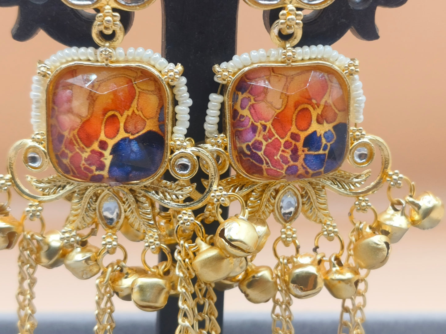 Elegant Kashmiri Gold-Plated Earrings with Chains & Ghungroo
