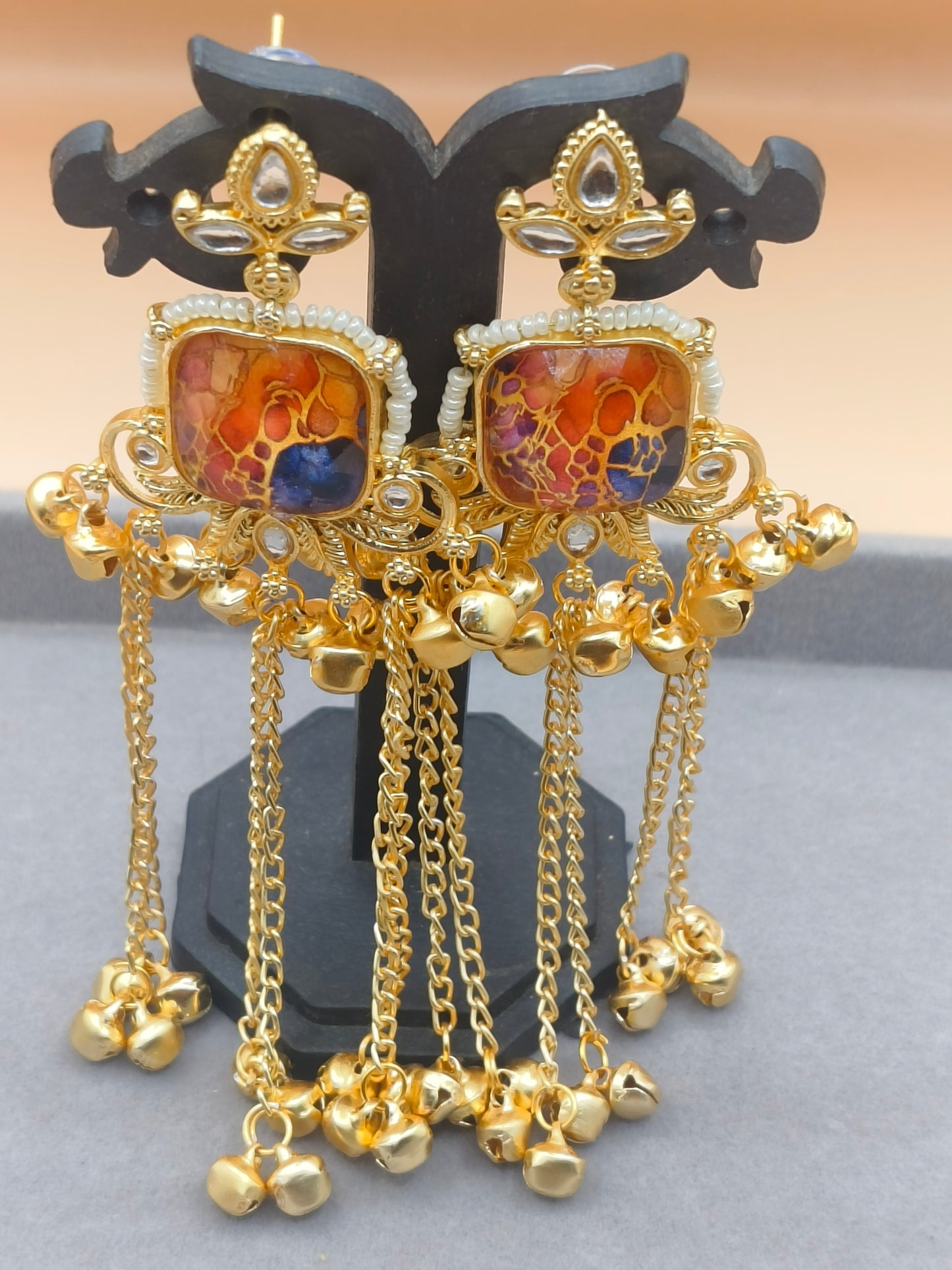 Elegant Kashmiri Gold-Plated Earrings with Chains & Ghungroo