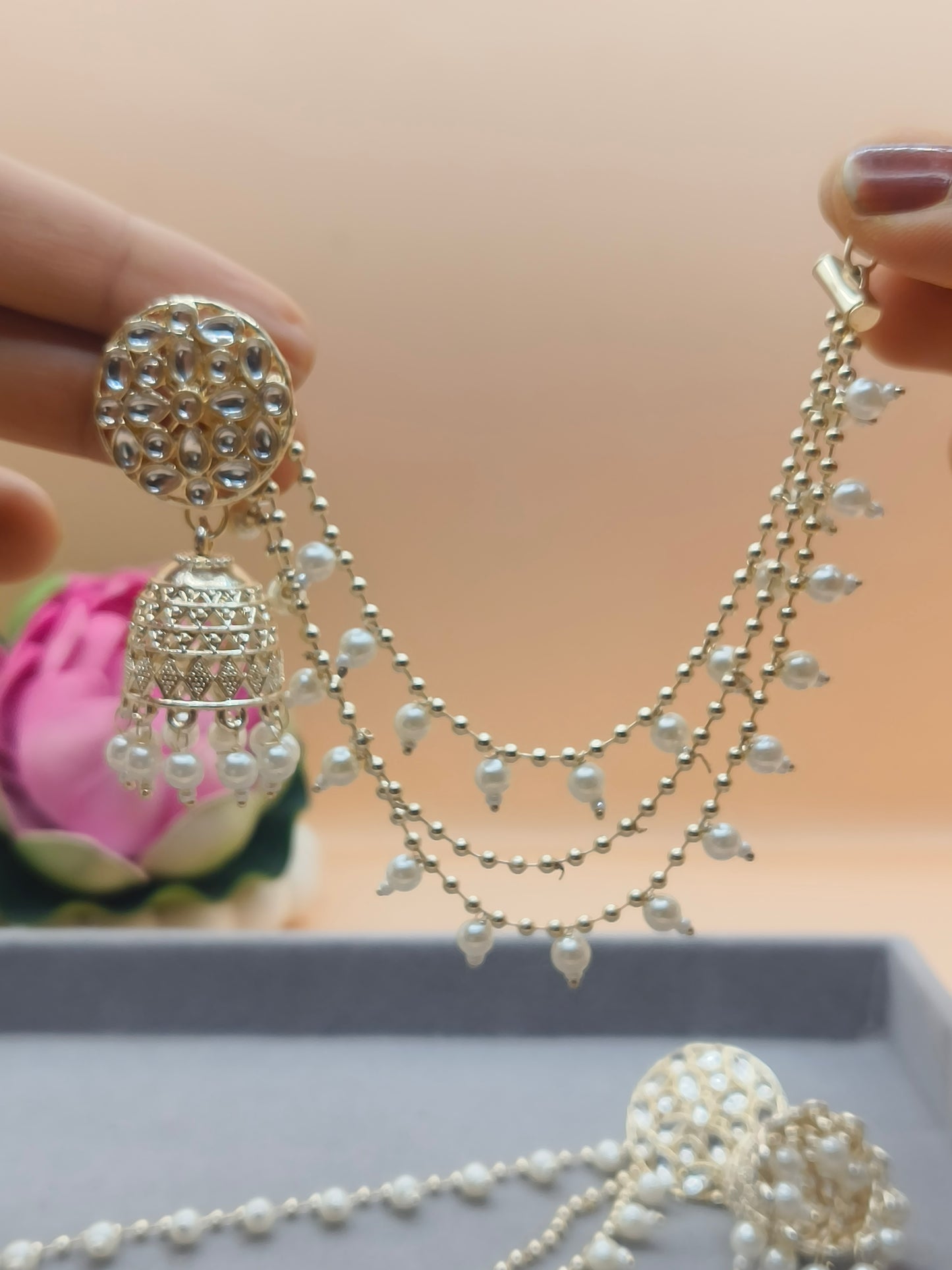 Elegant Silver-Plated Pearl Jhumka Earrings with Layered Chains