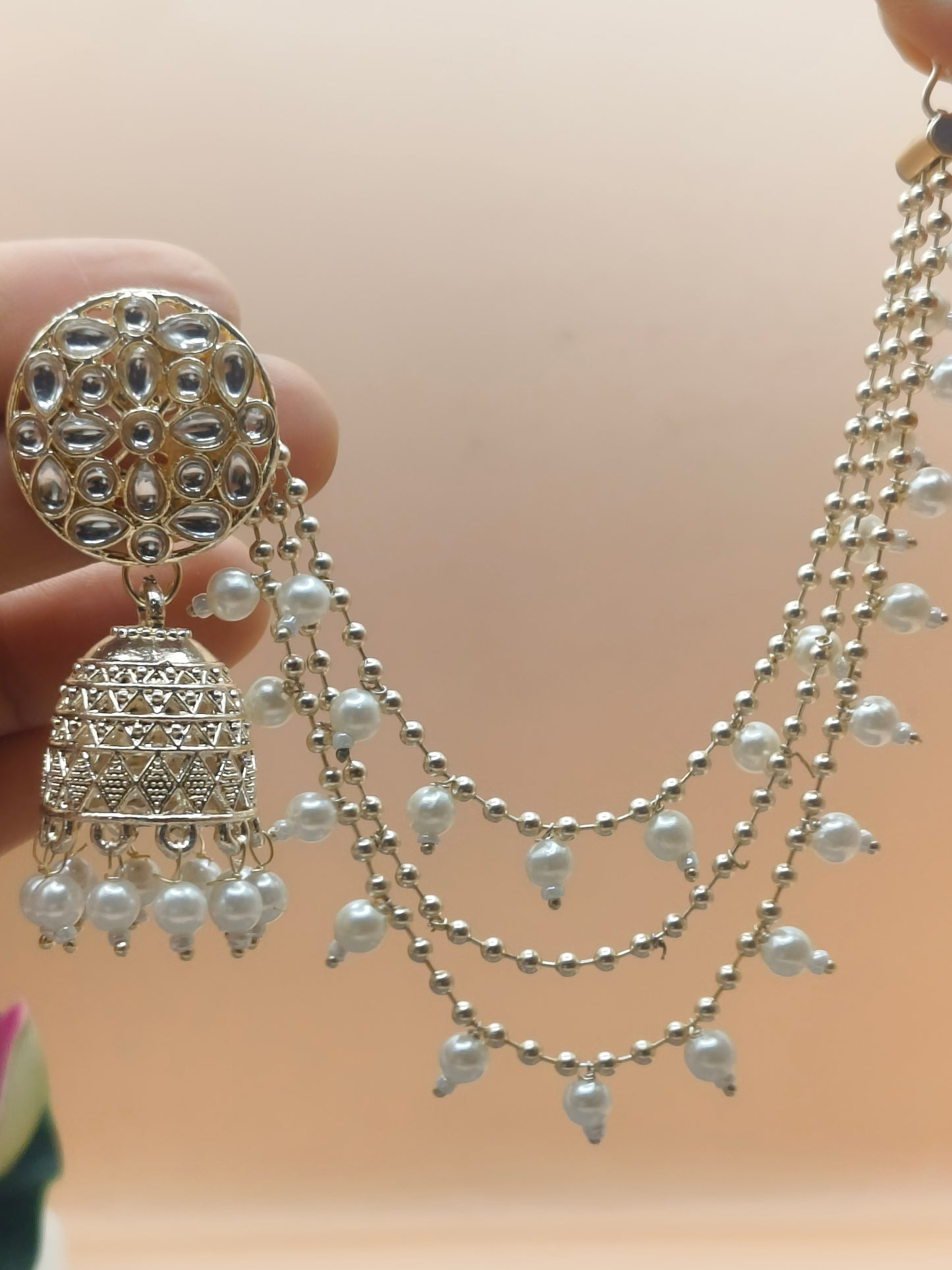 Elegant Silver-Plated Pearl Jhumka Earrings with Layered Chains