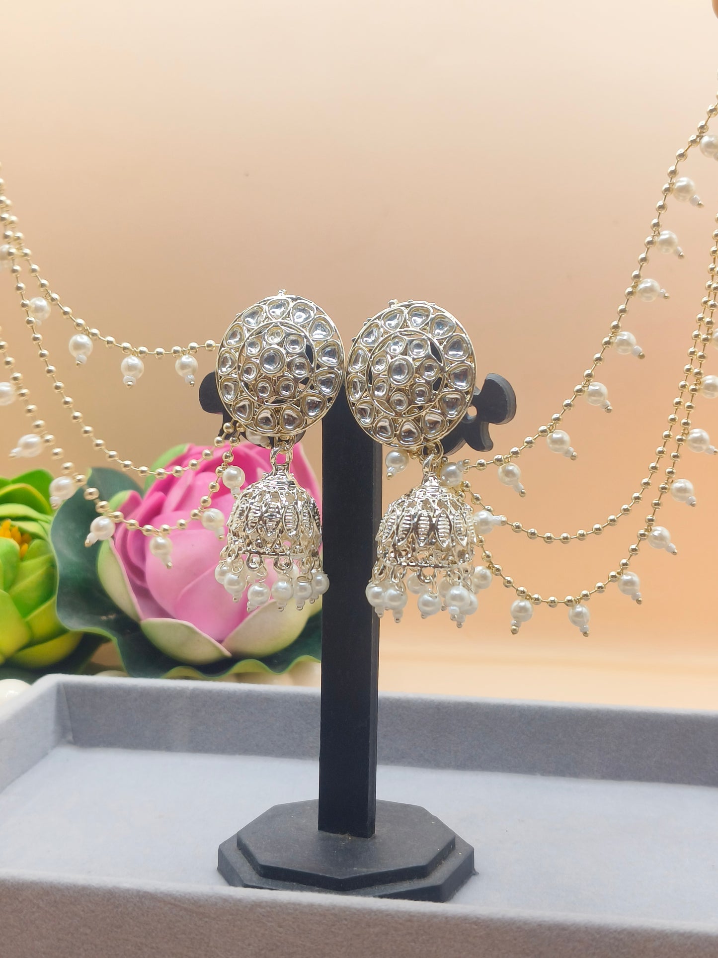 Elegant Silver-Plated Pearl Jhumka Earrings with Layered Chains