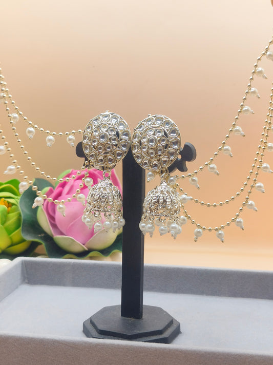 Elegant Silver-Plated Pearl Jhumka Earrings with Layered Chains