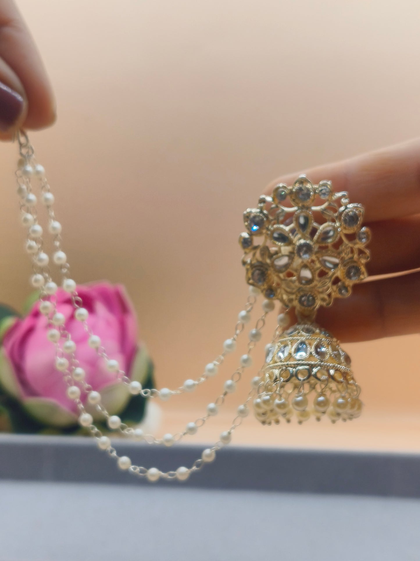 Elegant Silver-Plated Pearl Jhumka Earrings with Layered Chains