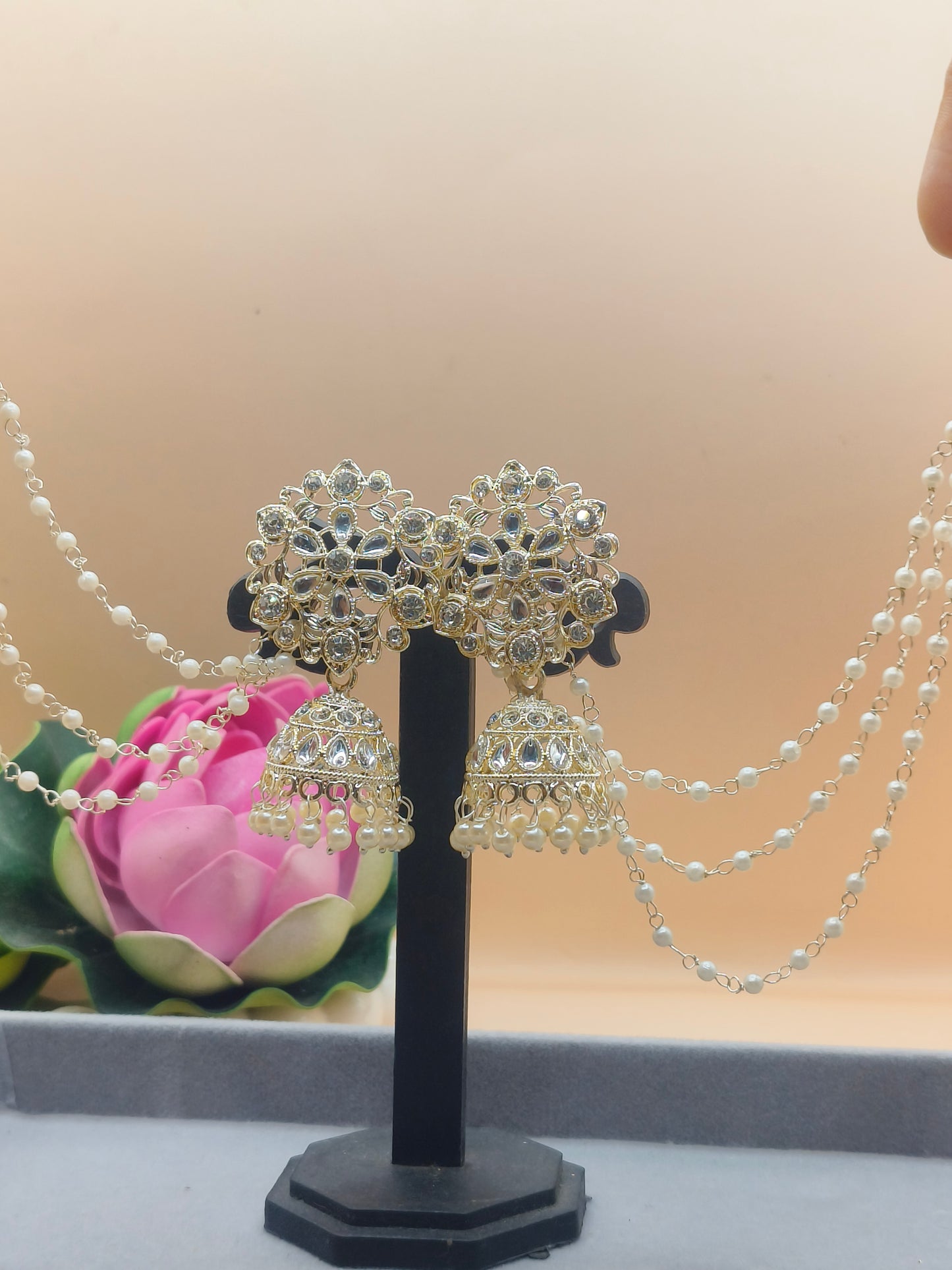 Elegant Silver-Plated Pearl Jhumka Earrings with Layered Chains