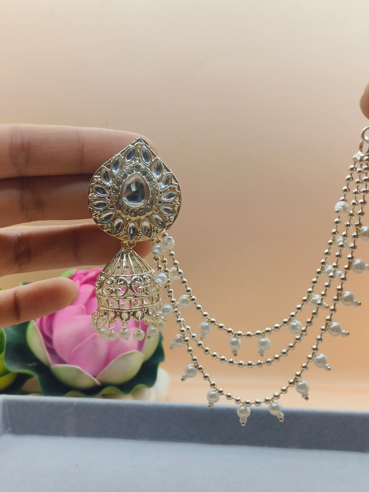 Elegant Silver-Plated Pearl Jhumka Earrings with Layered Chains
