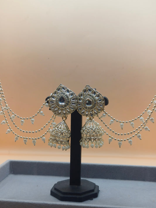 Elegant Silver-Plated Pearl Jhumka Earrings with Layered Chains