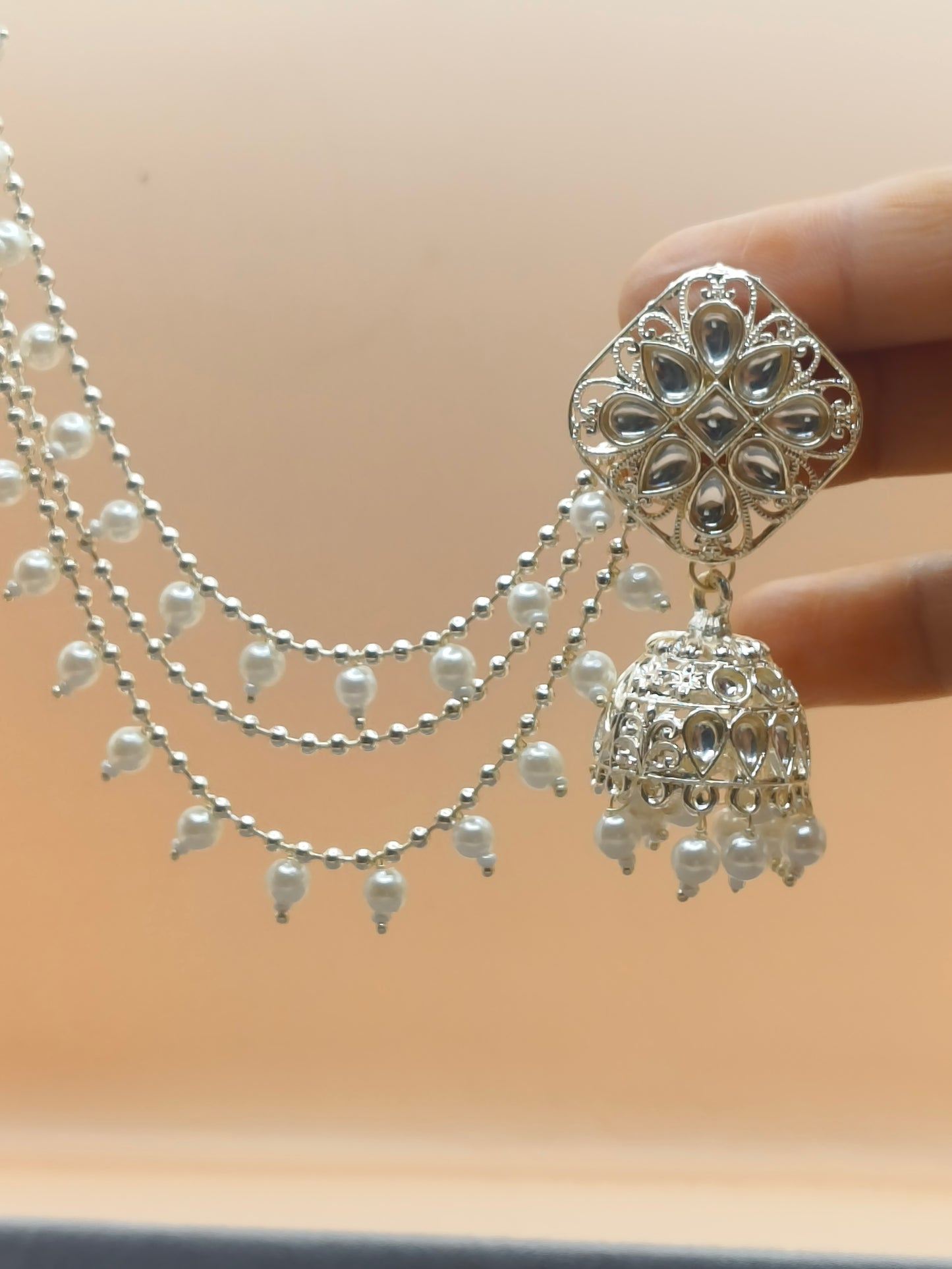 Elegant Silver-Plated Pearl Jhumka Earrings with Layered Chains