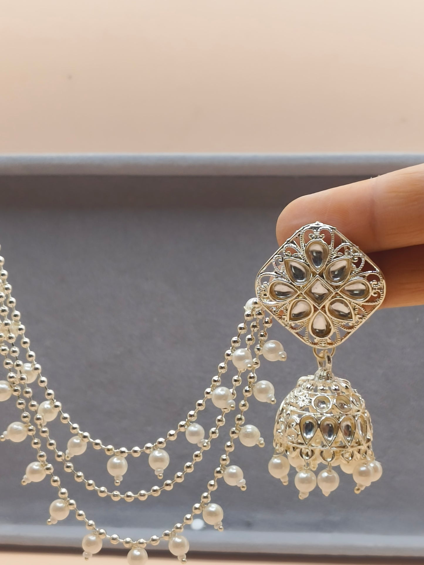 Elegant Silver-Plated Pearl Jhumka Earrings with Layered Chains