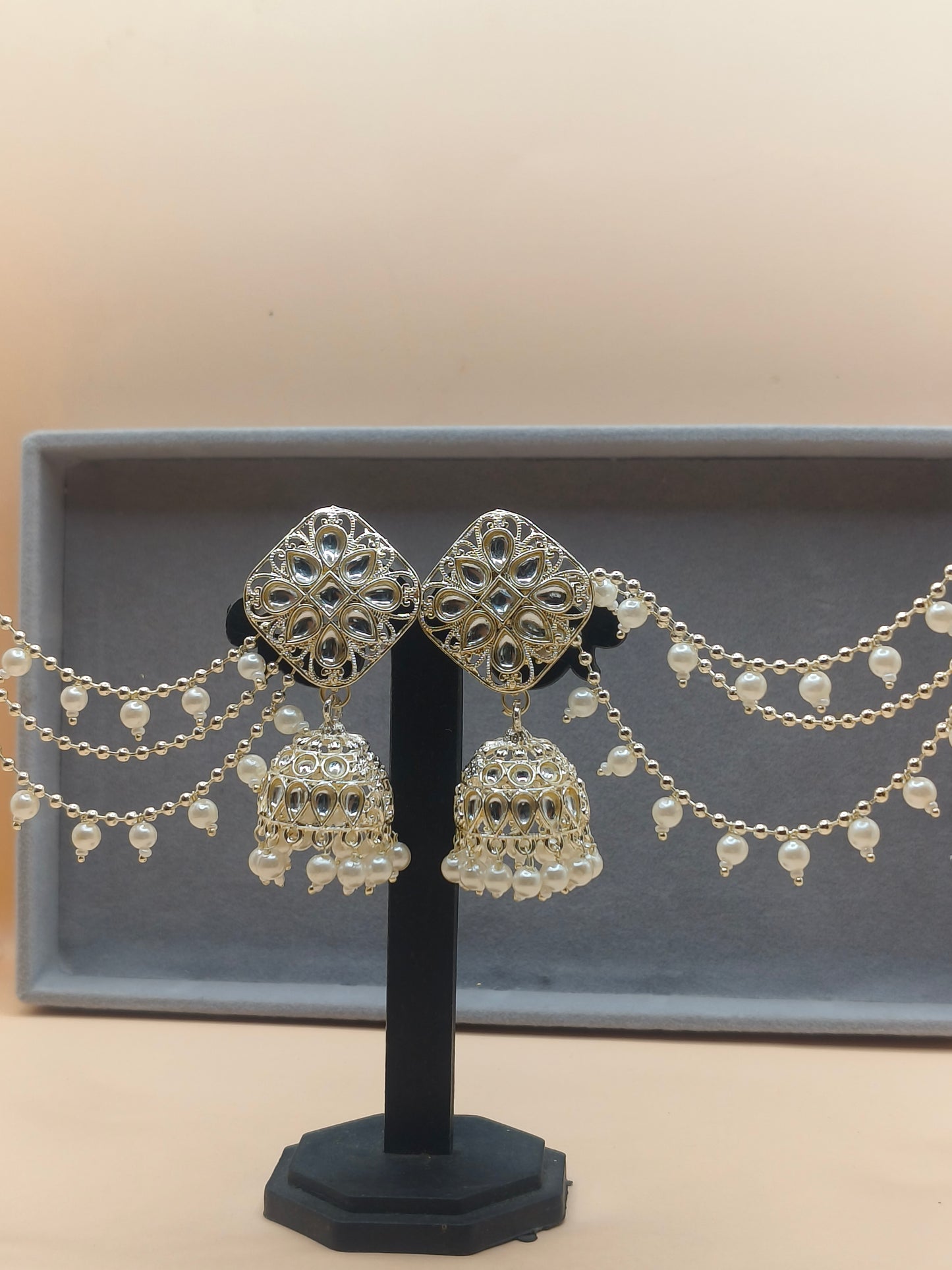 Elegant Silver-Plated Pearl Jhumka Earrings with Layered Chains