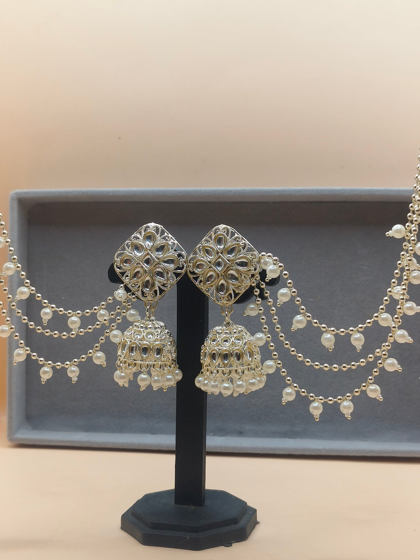 Elegant Silver-Plated Pearl Jhumka Earrings with Layered Chains