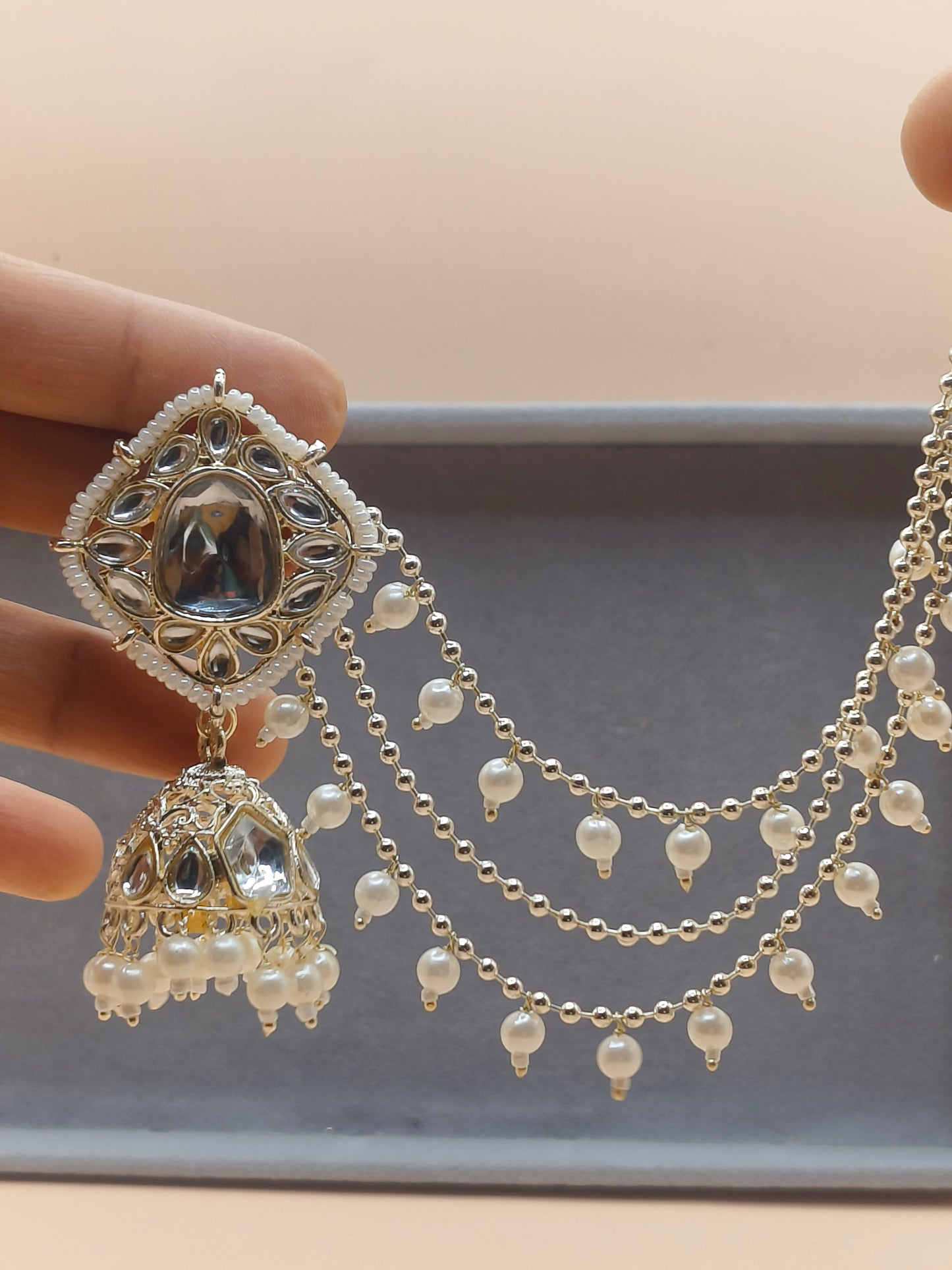 Kundan Pearl Jhumka Earrings with Layered Chain (sahara earrings)