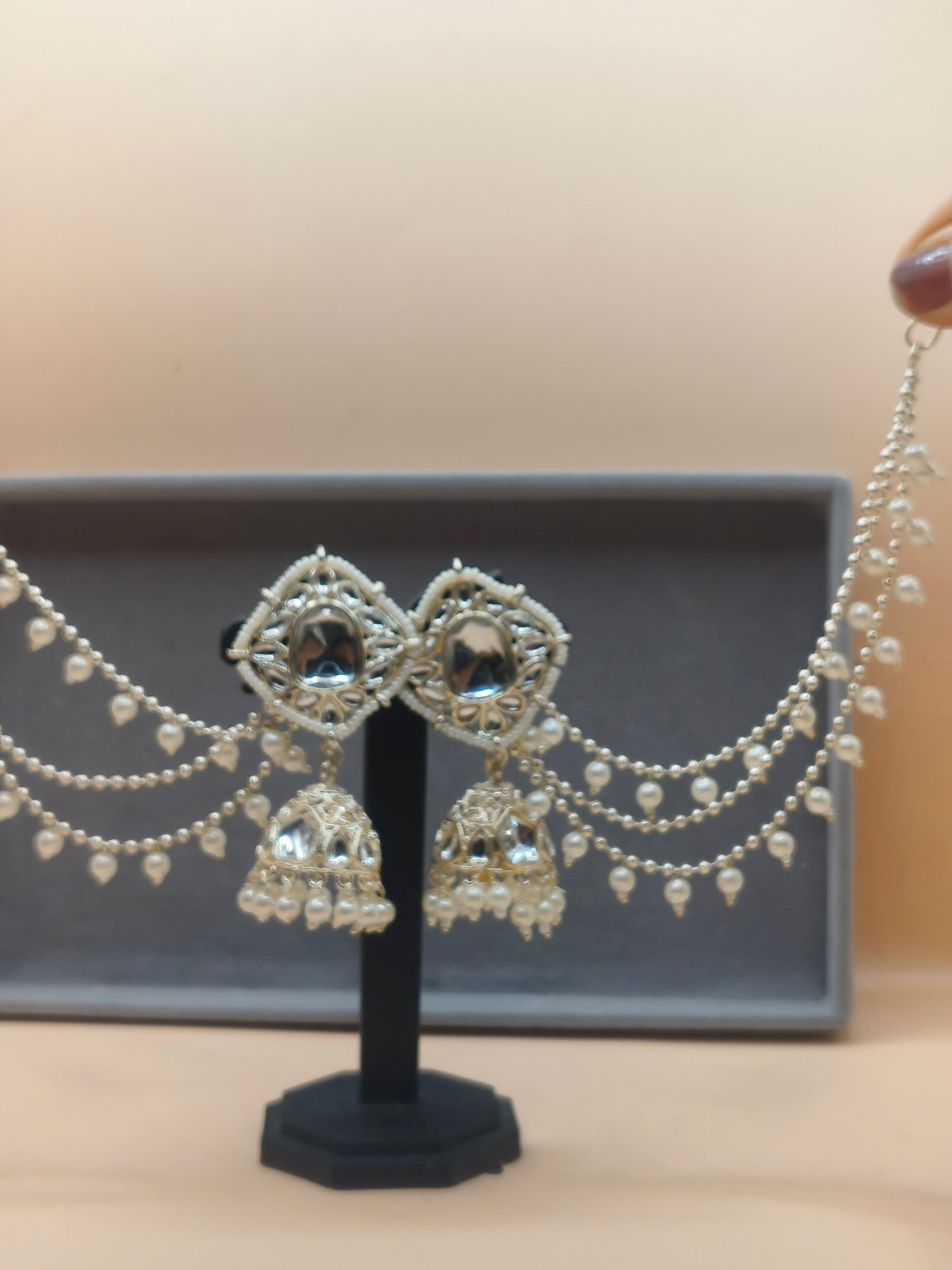 Kundan Pearl Jhumka Earrings with Layered Chain (sahara earrings)