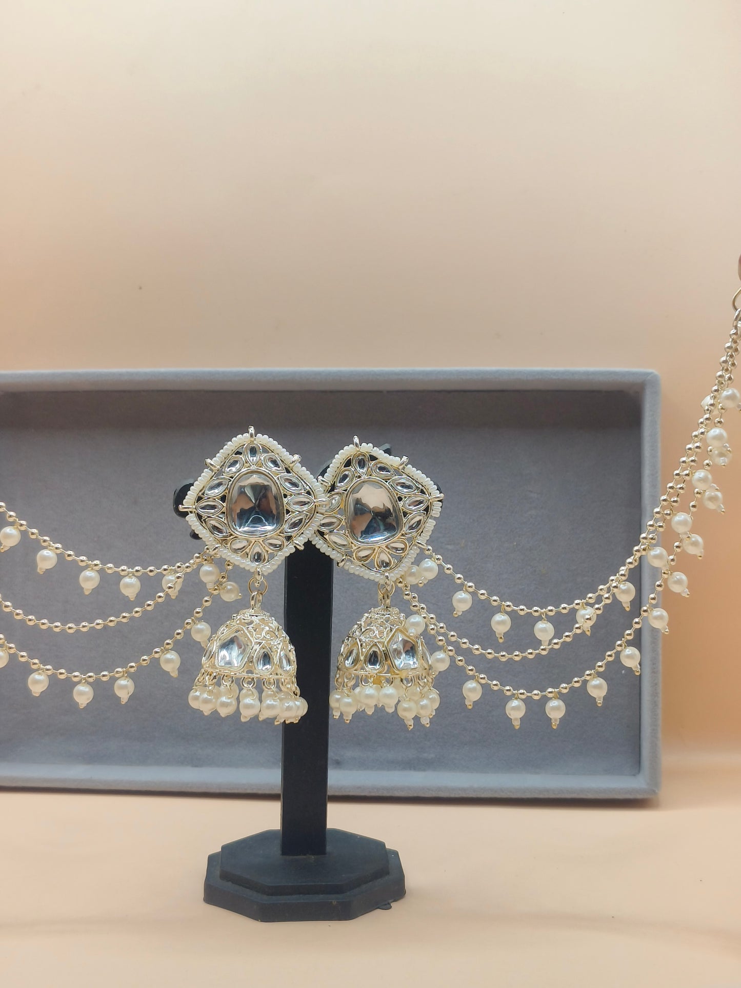 Kundan Pearl Jhumka Earrings with Layered Chain (sahara earrings)