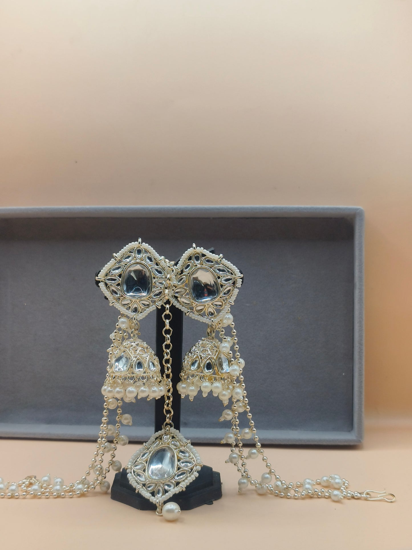 Kundan Pearl Jhumka Earrings with Layered Chain (sahara earrings)