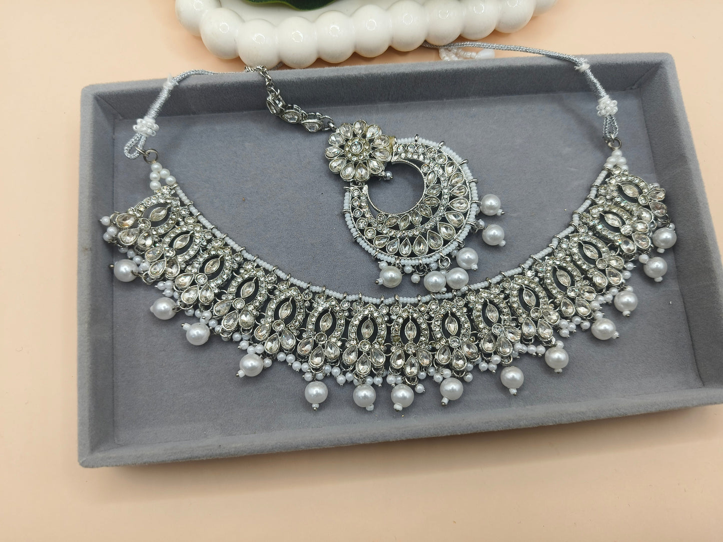 Silver Crystal Kundan Choker Set with Pearl Drops & Matching Jhumka and Mangtika