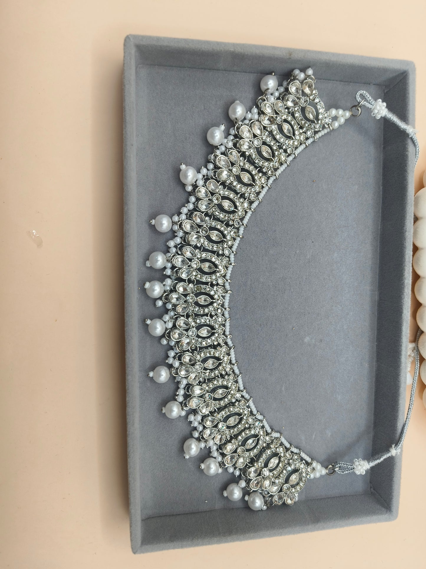 Silver Crystal Kundan Choker Set with Pearl Drops & Matching Jhumka and Mangtika