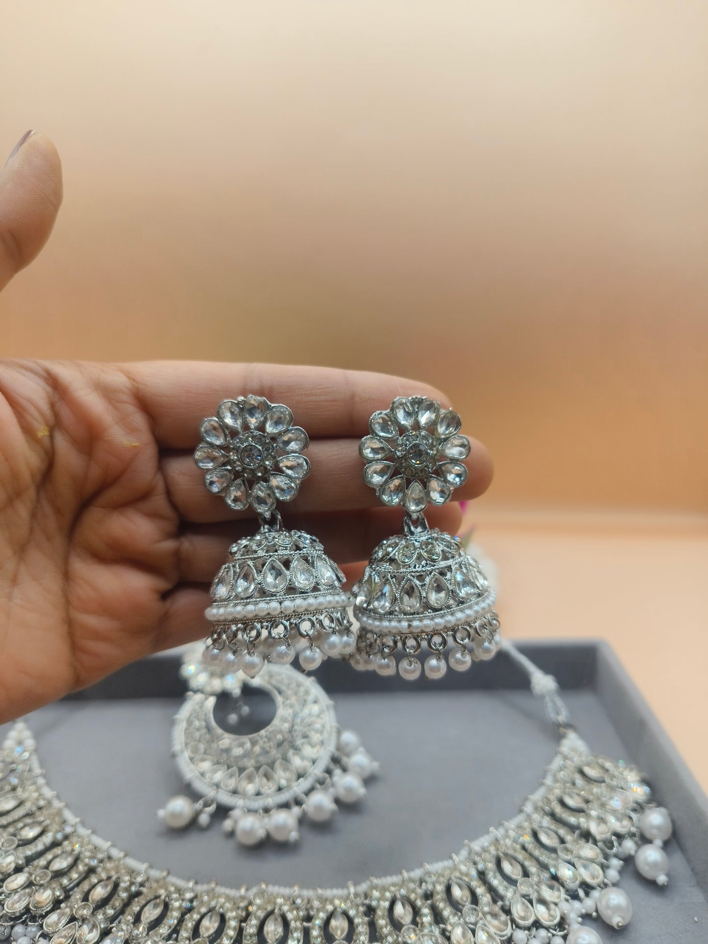 Silver Crystal Kundan Choker Set with Pearl Drops & Matching Jhumka and Mangtika