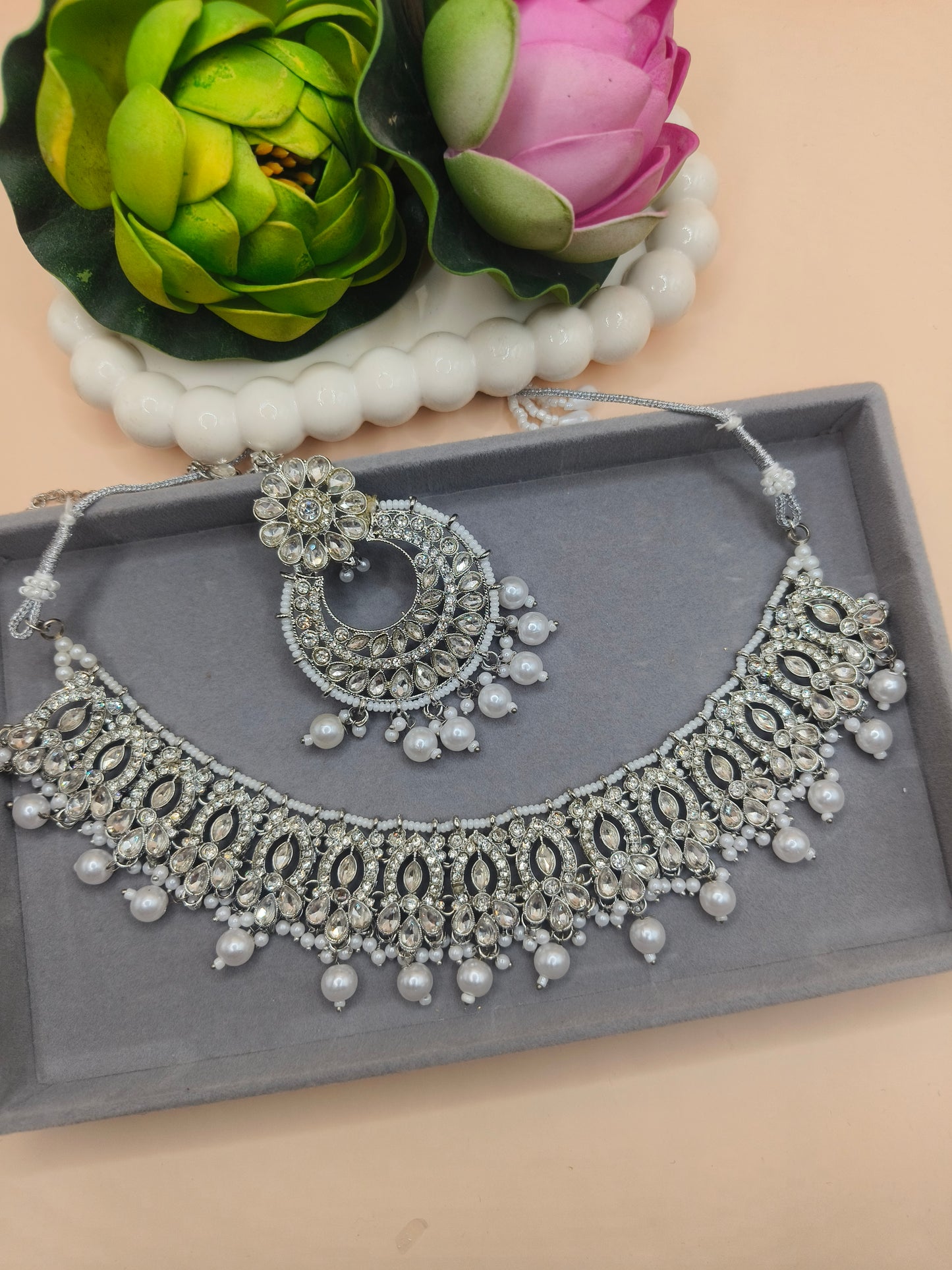 Silver Crystal Kundan Choker Set with Pearl Drops & Matching Jhumka and Mangtika