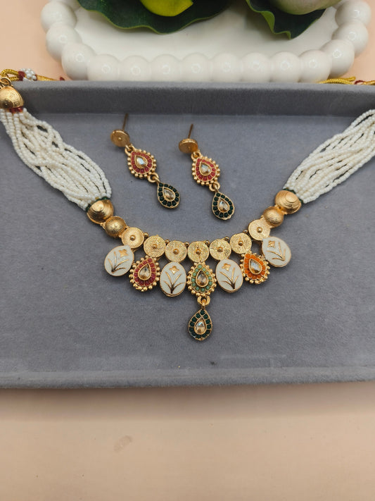 Multicolor Kundan Pendant Set with Pearl Beads & Matching Earrings | Ethnic Necklace Set