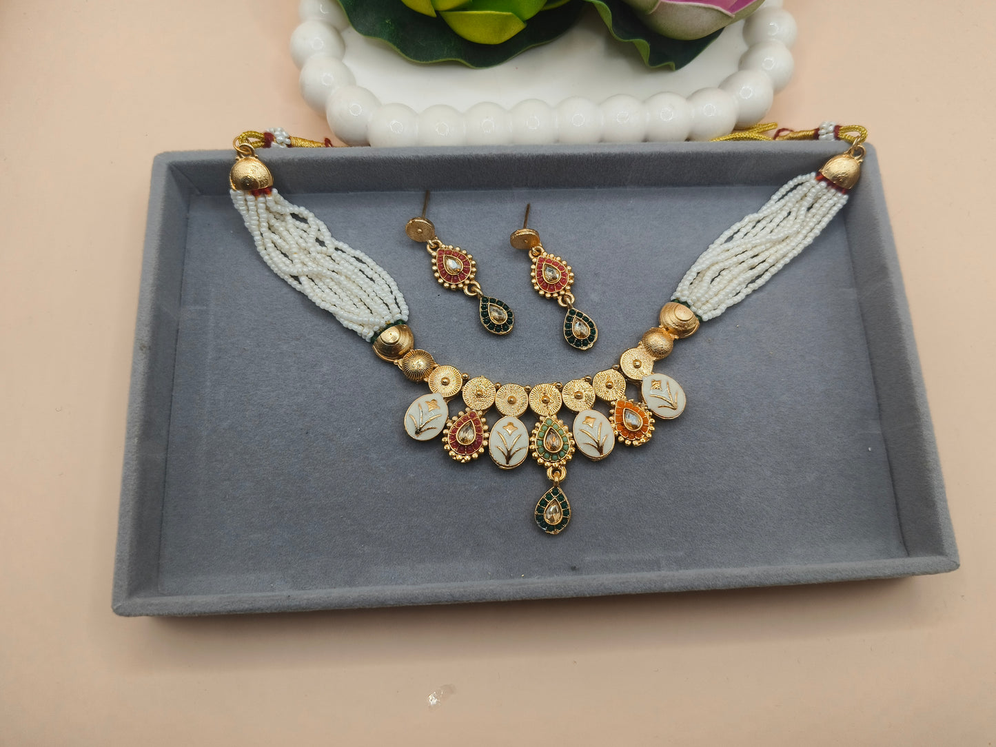 Multicolor Kundan Pendant Set with Pearl Beads & Matching Earrings | Ethnic Necklace Set