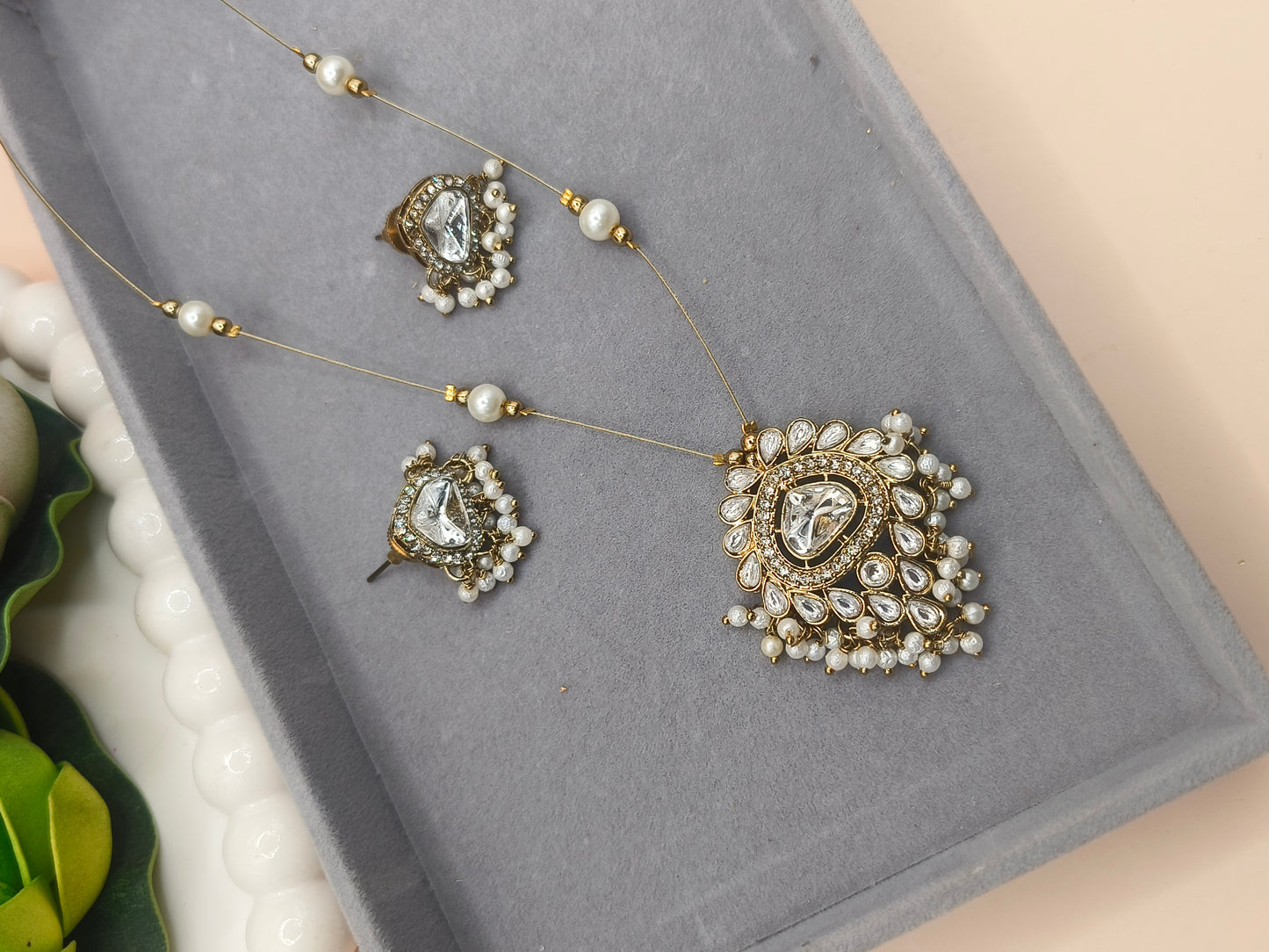 Elegant Kundan Pendant Set with Pearl Drops | Lightweight Daily & Festive Wear Necklace Set