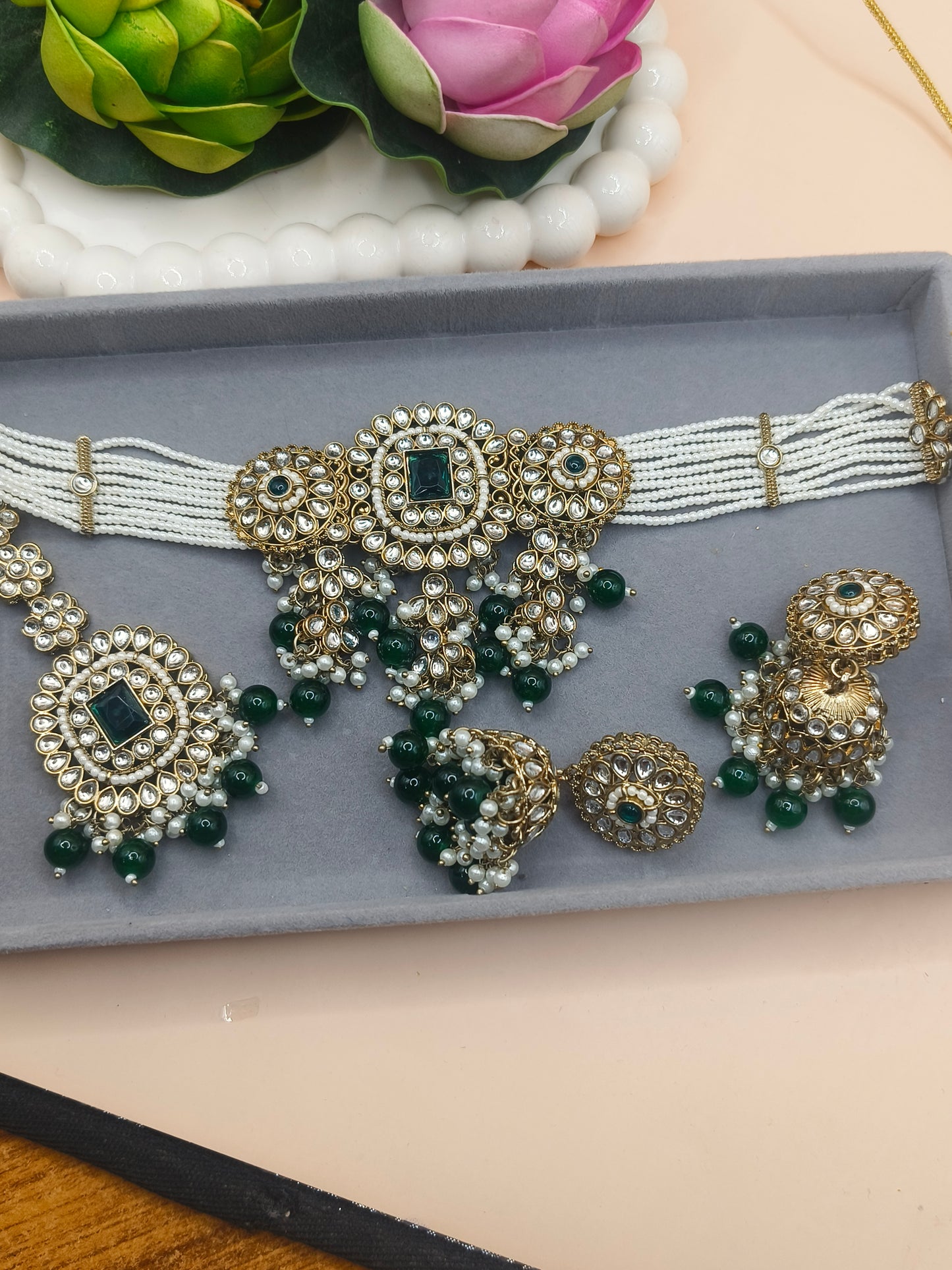 Green Kundan Choker Set with Pearl Beads & Heavy Earrings | Traditional Bridal Necklace Set