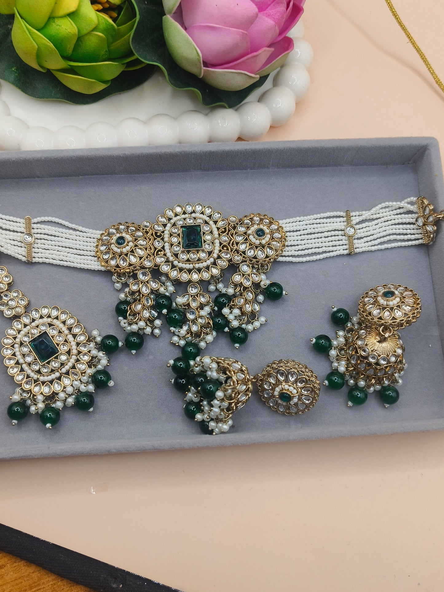 Green Kundan Choker Set with Pearl Beads & Heavy Earrings | Traditional Bridal Necklace Set