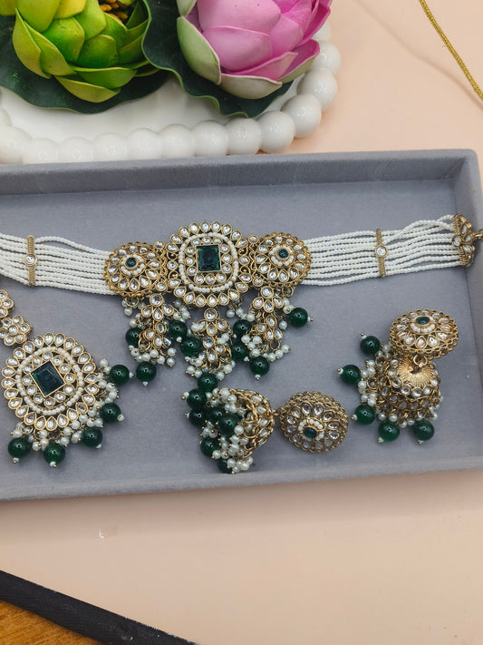 Green Kundan Choker Set with Pearl Beads & Heavy Earrings | Traditional Bridal Necklace Set