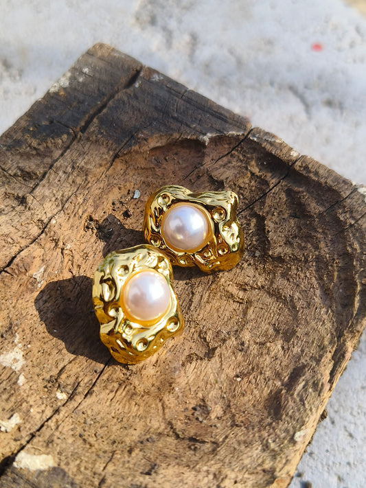 Luxury Gold Textured Pearl Studs | Anti-Tarnish & Waterproof Earrings