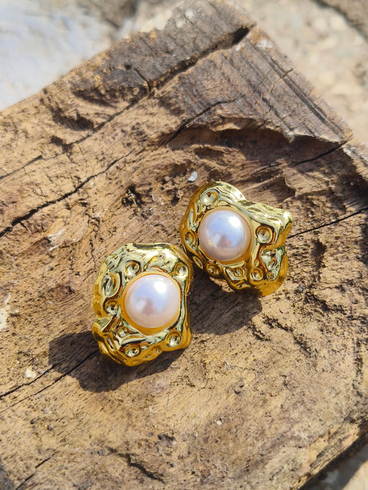 Luxury Gold Textured Pearl Studs | Anti-Tarnish & Waterproof Earrings