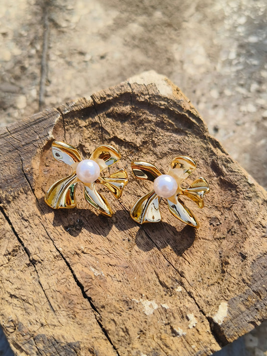 Golden Floral Pearl Studs | Anti-Tarnish & Waterproof Earrings