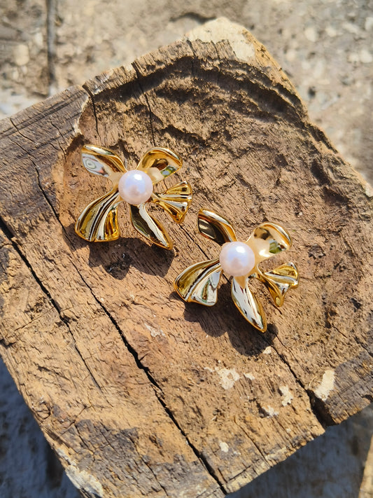 Golden Floral Pearl Studs | Anti-Tarnish & Waterproof Earrings