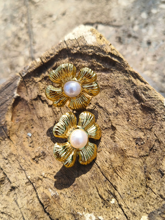 Golden Floral Pearl Studs | Anti-Tarnish & Waterproof Earrings