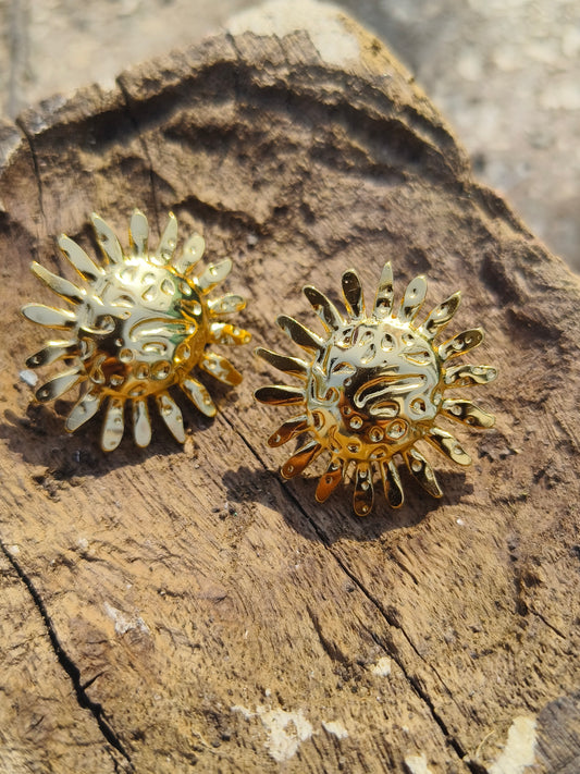 Gold Sunburst Textured Stud Earrings | Anti-Tarnish | Waterproof | Statement Jewellery