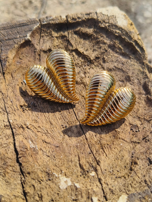 Gold Ribbed Leaf Stud Earrings | Anti-Tarnish | Waterproof | Elegant Statement Jewellery