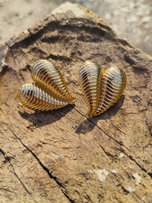 Gold Ribbed Leaf Stud Earrings | Anti-Tarnish | Waterproof | Elegant Statement Jewellery